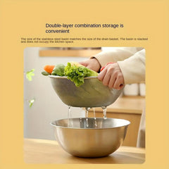 2pcs 304 Stainless Steel Draining Basin Set With Scale Salad Bowl Drain Basket