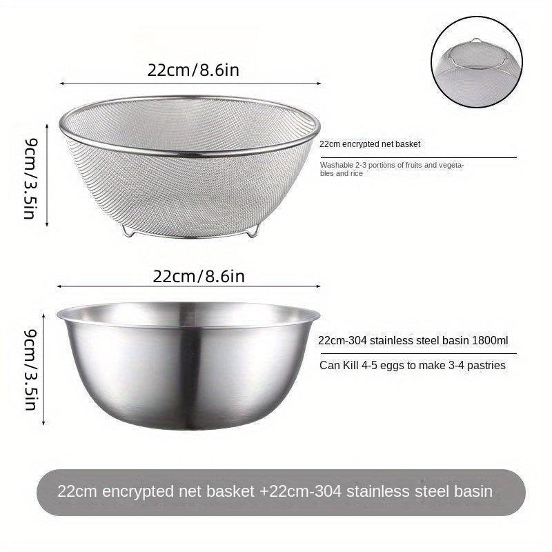 2pcs 304 Stainless Steel Draining Basin Set With Scale Salad Bowl Drain Basket