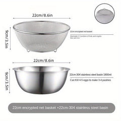 2pcs 304 Stainless Steel Draining Basin Set With Scale Salad Bowl Drain Basket