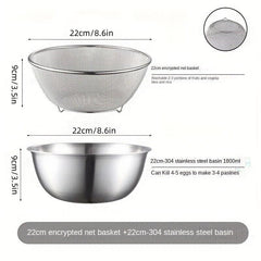 2pcs 304 Stainless Steel Draining Basin Set With Scale Salad Bowl Drain Basket