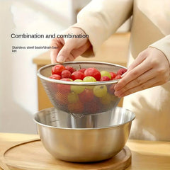 2pcs 304 Stainless Steel Draining Basin Set With Scale Salad Bowl Drain Basket