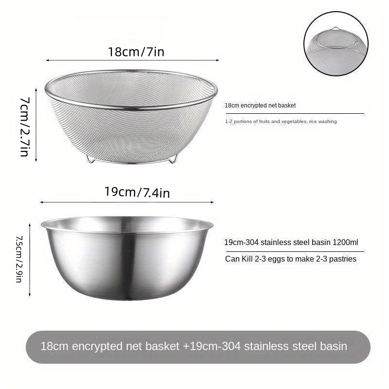 2pcs 304 Stainless Steel Draining Basin Set With Scale Salad Bowl Drain Basket
