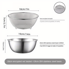 2pcs 304 Stainless Steel Draining Basin Set With Scale Salad Bowl Drain Basket