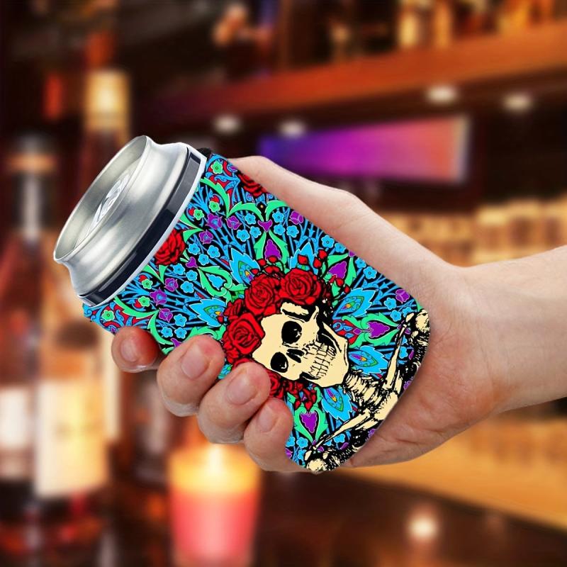 Insulated Rose Skull Can Cooler Sleeves - Keep Your Drinks Cold All Day