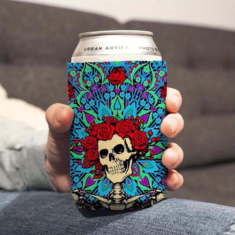 Insulated Rose Skull Can Cooler Sleeves - Keep Your Drinks Cold All Day