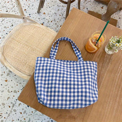 Plaid Portable Lunch Bag Student Shopping Bag Travel Picnic Camping Outdoor Bag