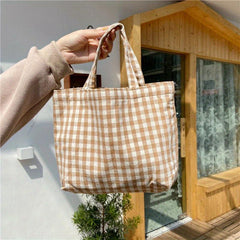 Plaid Portable Lunch Bag Student Shopping Bag Travel Picnic Camping Outdoor Bag