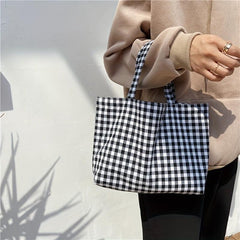 Plaid Portable Lunch Bag Student Shopping Bag Travel Picnic Camping Outdoor Bag