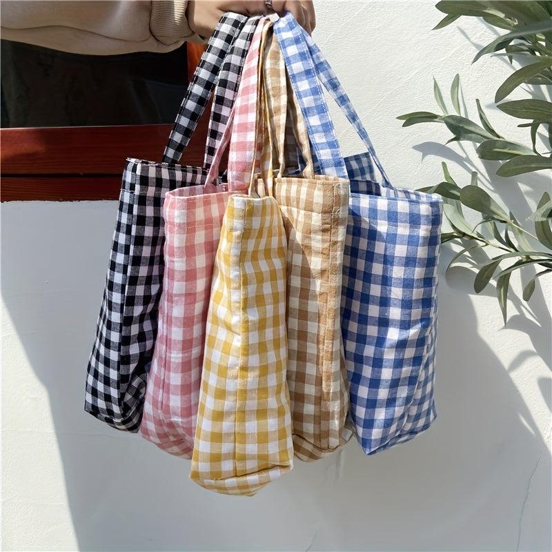 Plaid Portable Lunch Bag Student Shopping Bag Travel Picnic Camping Outdoor Bag