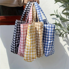 Plaid Portable Lunch Bag Student Shopping Bag Travel Picnic Camping Outdoor Bag