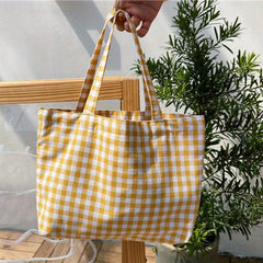 Plaid Portable Lunch Bag Student Shopping Bag Travel Picnic Camping Outdoor Bag