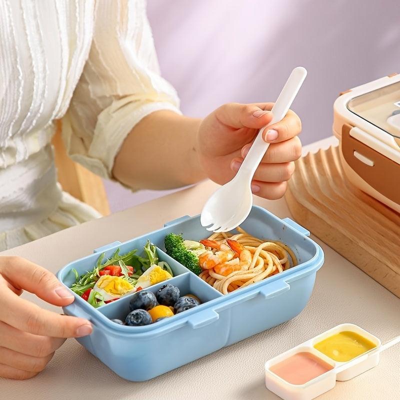 Large Capacity Lunch Box With Tableware and Grids Double Snap Rectangle Divided