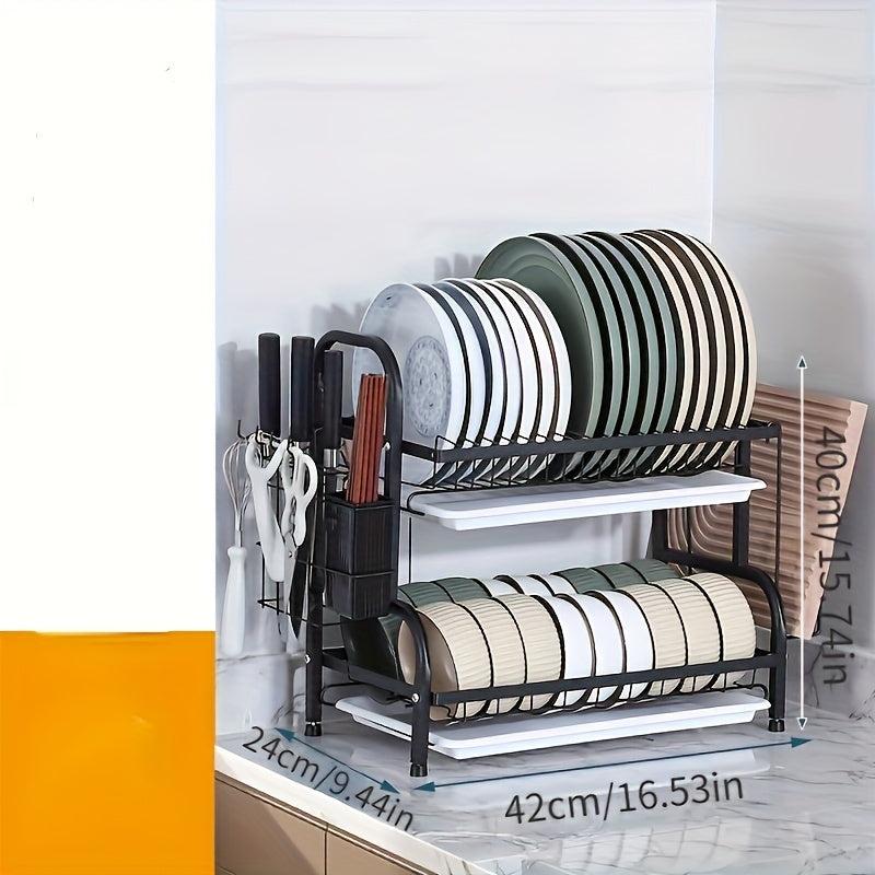 Rust Proof Dish Drying Rack with Drip Tray, Hooks, Utensil Holder