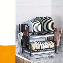 Rust Proof Dish Drying Rack with Drip Tray, Hooks, Utensil Holder