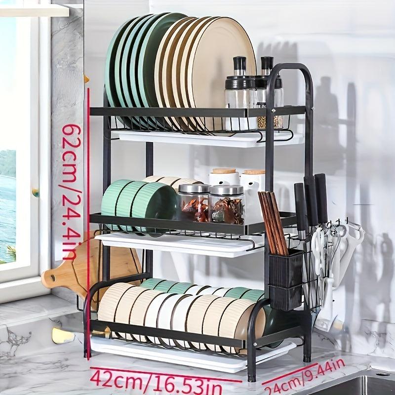 Rust Proof Dish Drying Rack with Drip Tray, Hooks, Utensil Holder