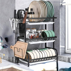 Rust Proof Dish Drying Rack with Drip Tray, Hooks, Utensil Holder