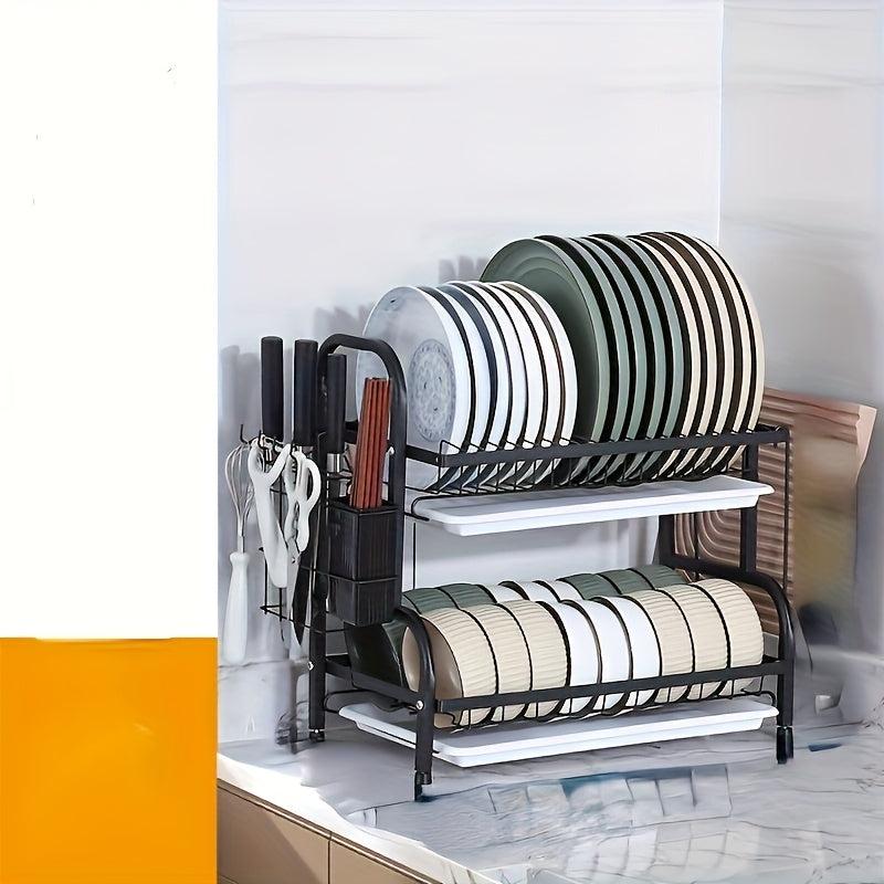 Rust Proof Dish Drying Rack with Drip Tray, Hooks, Utensil Holder