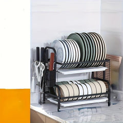 Rust Proof Dish Drying Rack with Drip Tray, Hooks, Utensil Holder