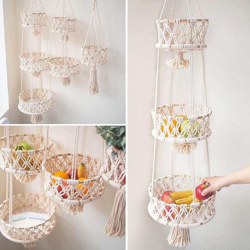 Hand Woven Cotton Rope Basket Kitchen Vegetable Fruit Wall Hanging Basket