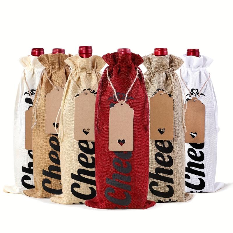 6pcs Reusable Red Wine Bags Burlap Drawstring Bottle Covers