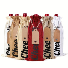6pcs Reusable Red Wine Bags Burlap Drawstring Bottle Covers