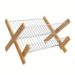Bamboo Dish Rack Foldable Double layer Drain Rack Kitchen Accessory