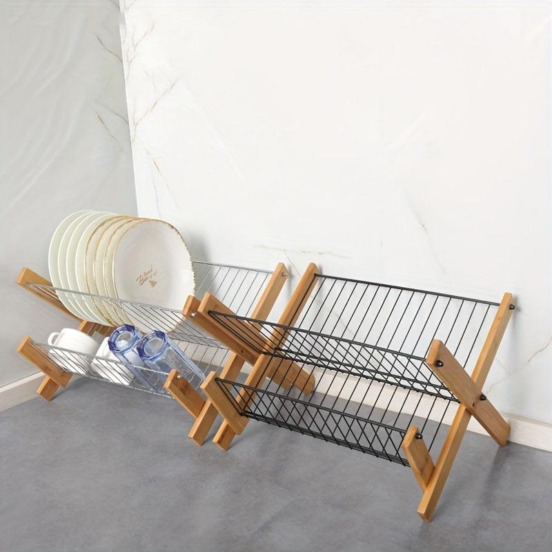 Bamboo Dish Rack Foldable Double layer Drain Rack Kitchen Accessory