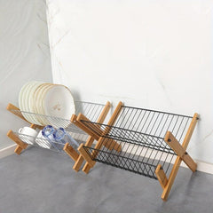 Bamboo Dish Rack Foldable Double layer Drain Rack Kitchen Accessory
