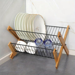 Bamboo Dish Rack Foldable Double layer Drain Rack Kitchen Accessory