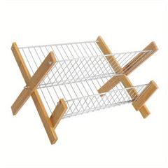 Bamboo Dish Rack Foldable Double layer Drain Rack Kitchen Accessory