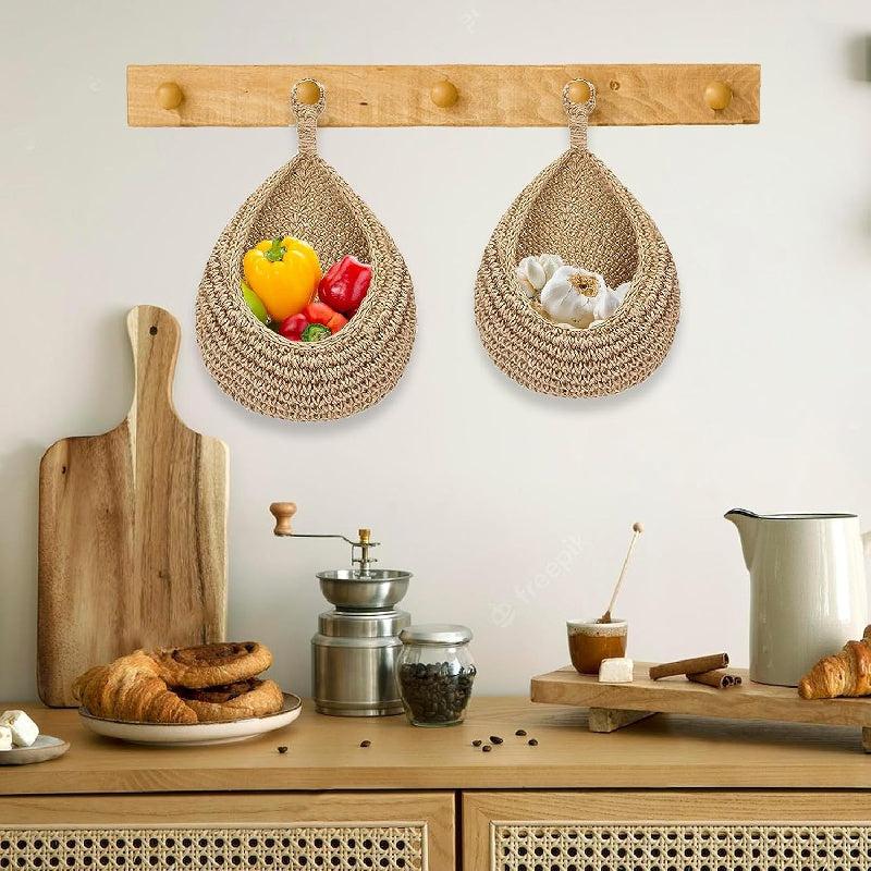 2pcs Hanging Fruit Baskets Jute Wall Hanging Teardrop Shape Hand Woven Basket