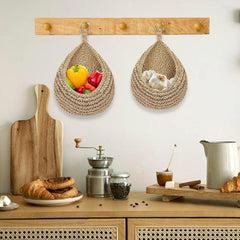 2pcs Hanging Fruit Baskets Jute Wall Hanging Teardrop Shape Hand Woven Basket