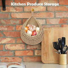 2pcs Hanging Fruit Baskets Jute Wall Hanging Teardrop Shape Hand Woven Basket