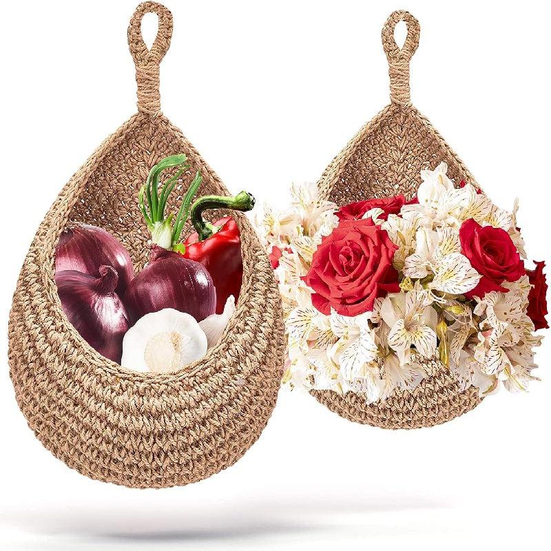 2pcs Hanging Fruit Baskets Jute Wall Hanging Teardrop Shape Hand Woven Basket