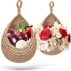 2pcs Hanging Fruit Baskets Jute Wall Hanging Teardrop Shape Hand Woven Basket