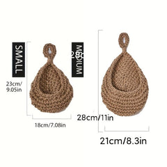 2pcs Hanging Fruit Baskets Jute Wall Hanging Teardrop Shape Hand Woven Basket