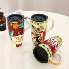 Large Ceramic Mug with Lid Couples Household Coffee Cup Summer Winter