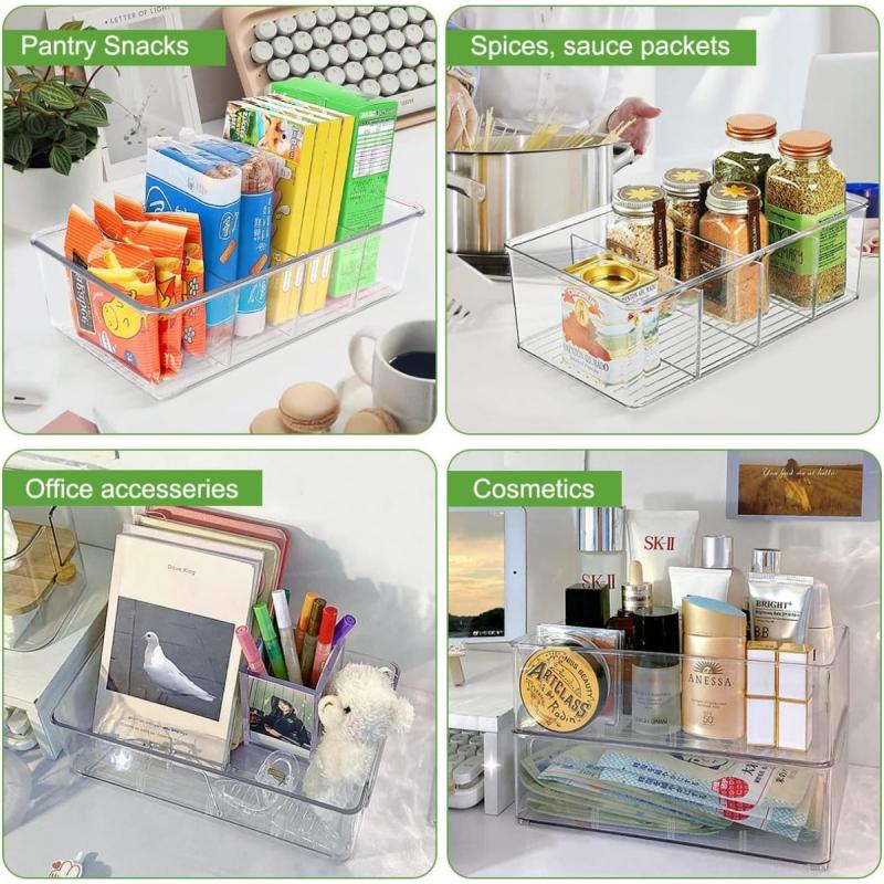 Food Pantry Storage Bins - Clear Plastic Organizer with Dividers - 2 Pack
