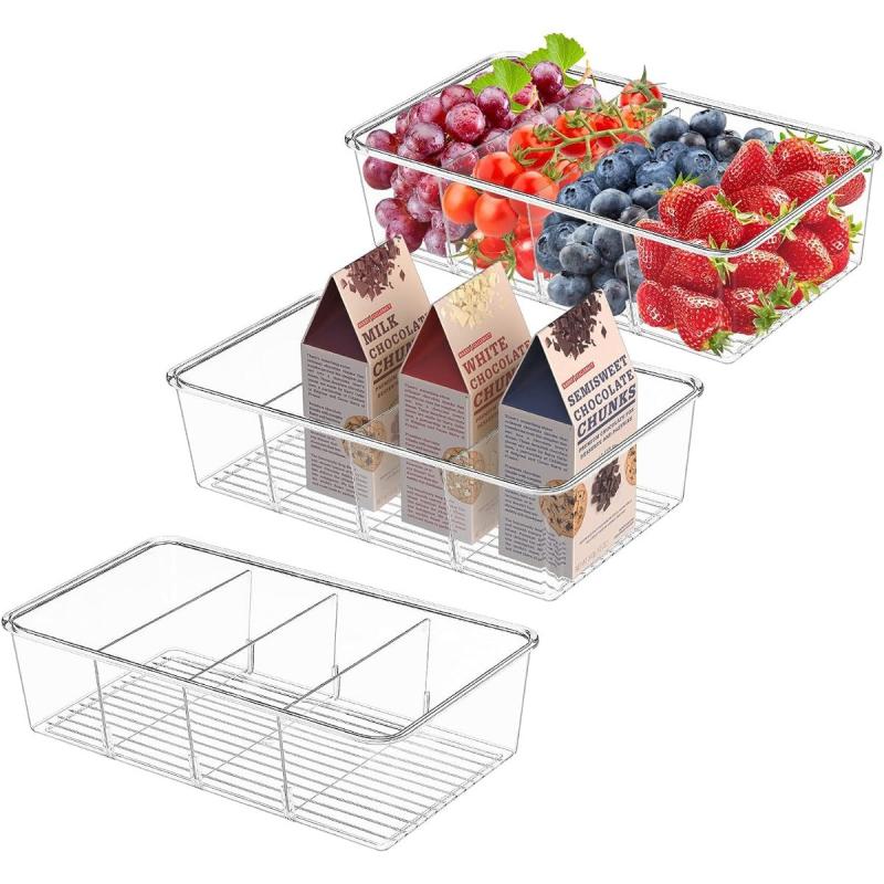Food Pantry Storage Bins - Clear Plastic Organizer with Dividers - 2 Pack
