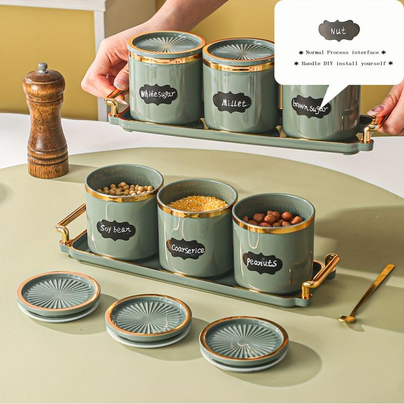 Condiment Jar With Lid Set & 3 Airtight Spice Storage Cans + Tray