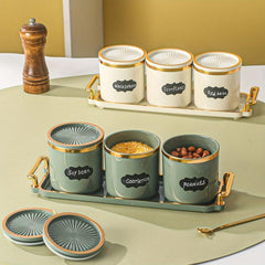 Condiment Jar With Lid Set & 3 Airtight Spice Storage Cans + Tray