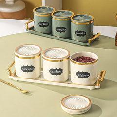 Condiment Jar With Lid Set & 3 Airtight Spice Storage Cans + Tray