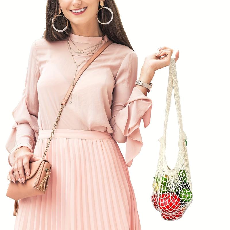 Reusable Long Handle Mesh Produce Bag - Foldable & Hanging for Grocery Shopping