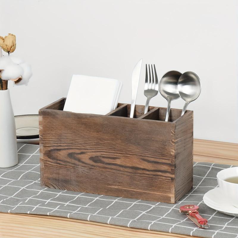 1pc Old Pine Wood Cutlery Container 4 Compartments Silverware Storage Box