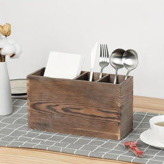 1pc Old Pine Wood Cutlery Container 4 Compartments Silverware Storage Box
