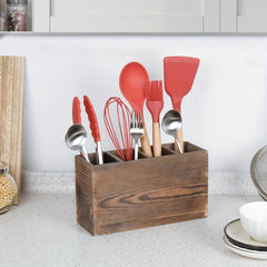 1pc Old Pine Wood Cutlery Container 4 Compartments Silverware Storage Box