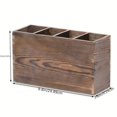 1pc Old Pine Wood Cutlery Container 4 Compartments Silverware Storage Box