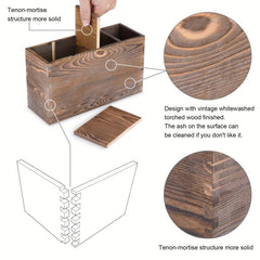 1pc Old Pine Wood Cutlery Container 4 Compartments Silverware Storage Box