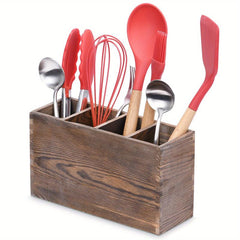 1pc Old Pine Wood Cutlery Container 4 Compartments Silverware Storage Box