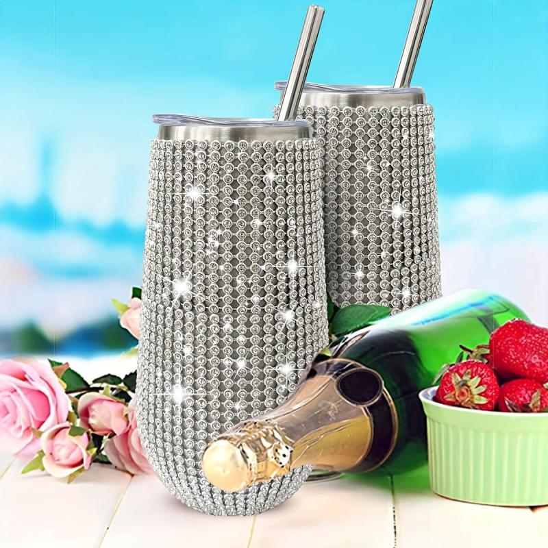 Glitter Rhinestone Tumbler 6oz Stainless Steel Water Bottle With Lid And Straw